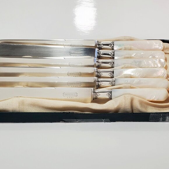 Antique Mother-of-Pearl Knife Set – Sterling Ferrule & Silver-Plated Blade - Picture 3 of 13
